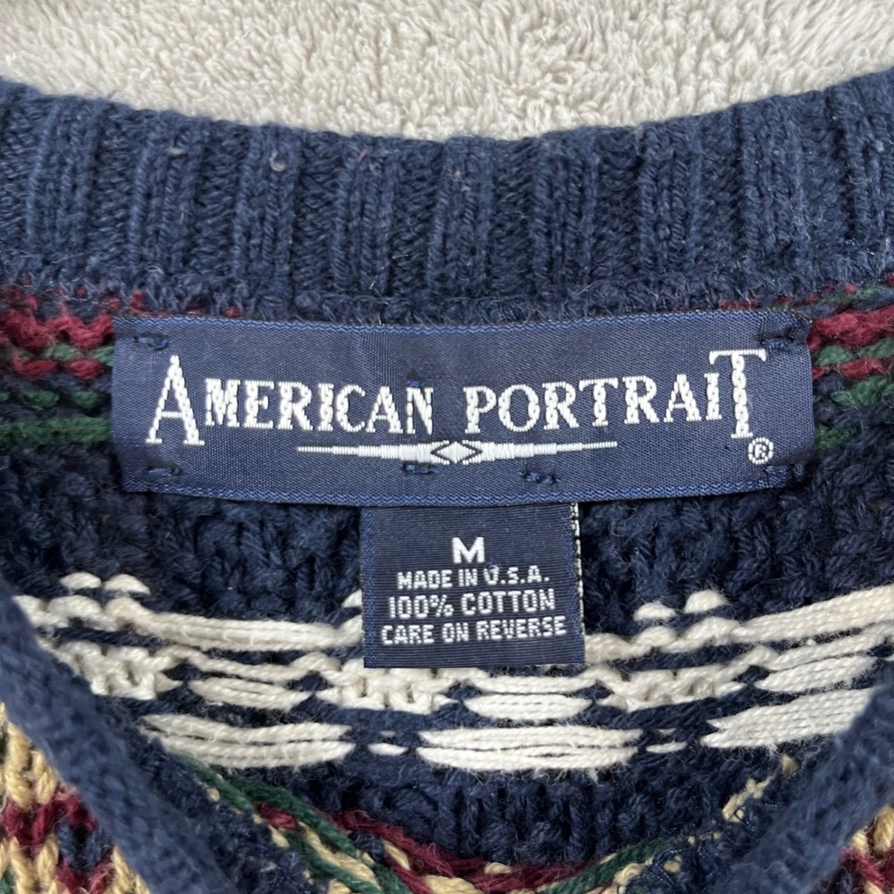 Vtg American Portrait Mens Knit Sweater M Nordic Blue Fair Isle USA Cotton - Picture 4 of 6